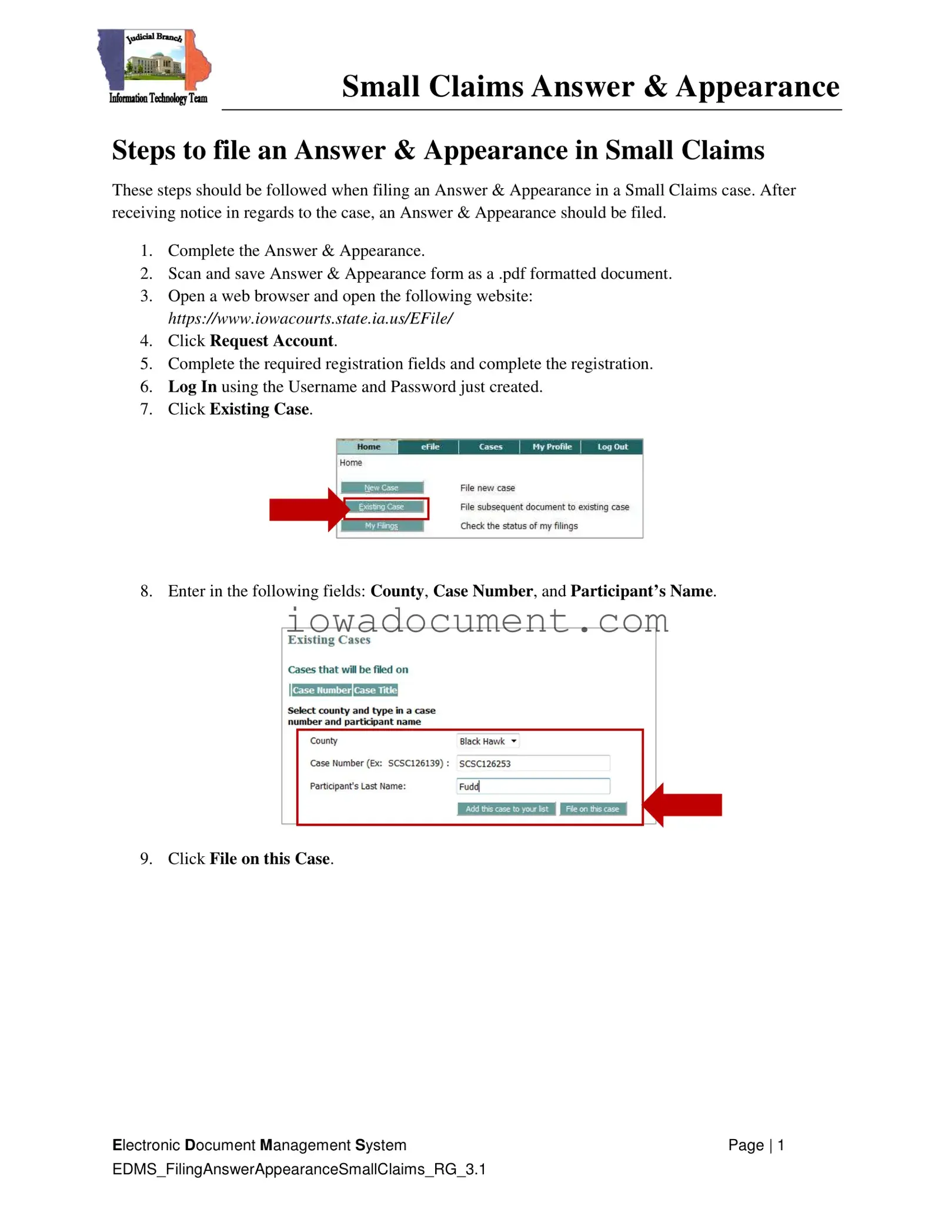 Blank Iowa Appearance and Answer Template