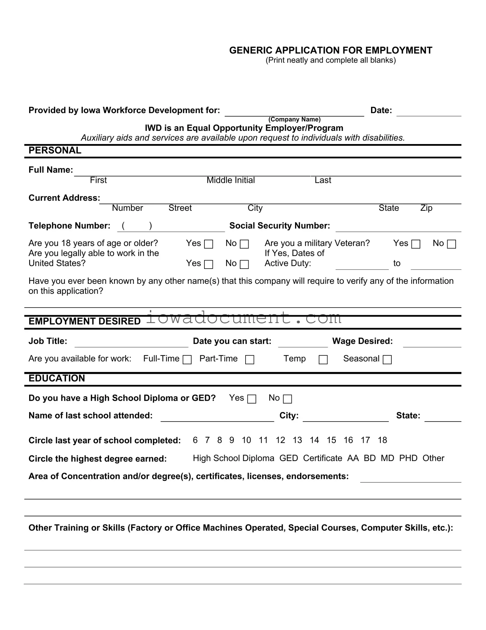 Blank Iowa Application Employment Template