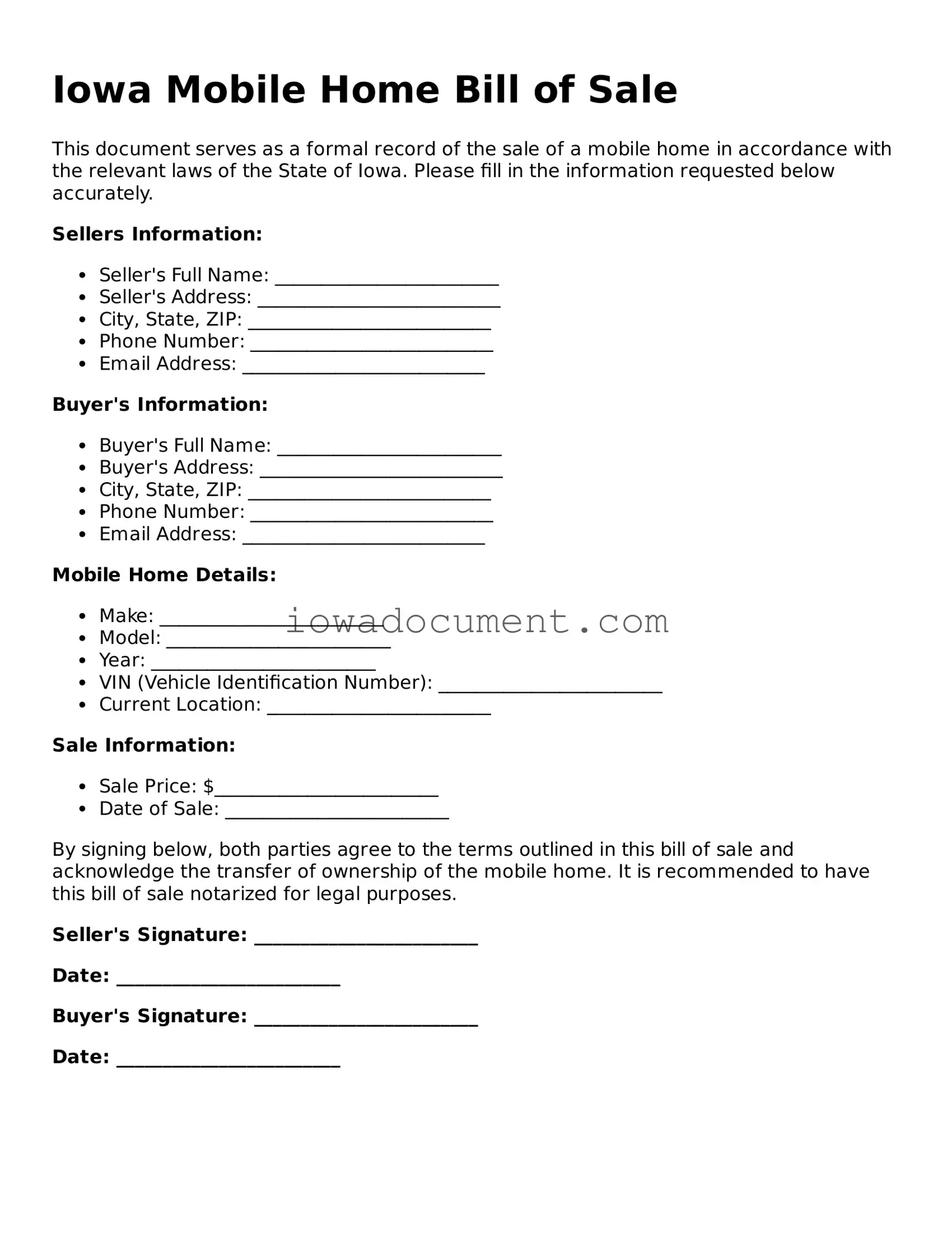 Attorney-Approved Iowa Mobile Home Bill of Sale Form