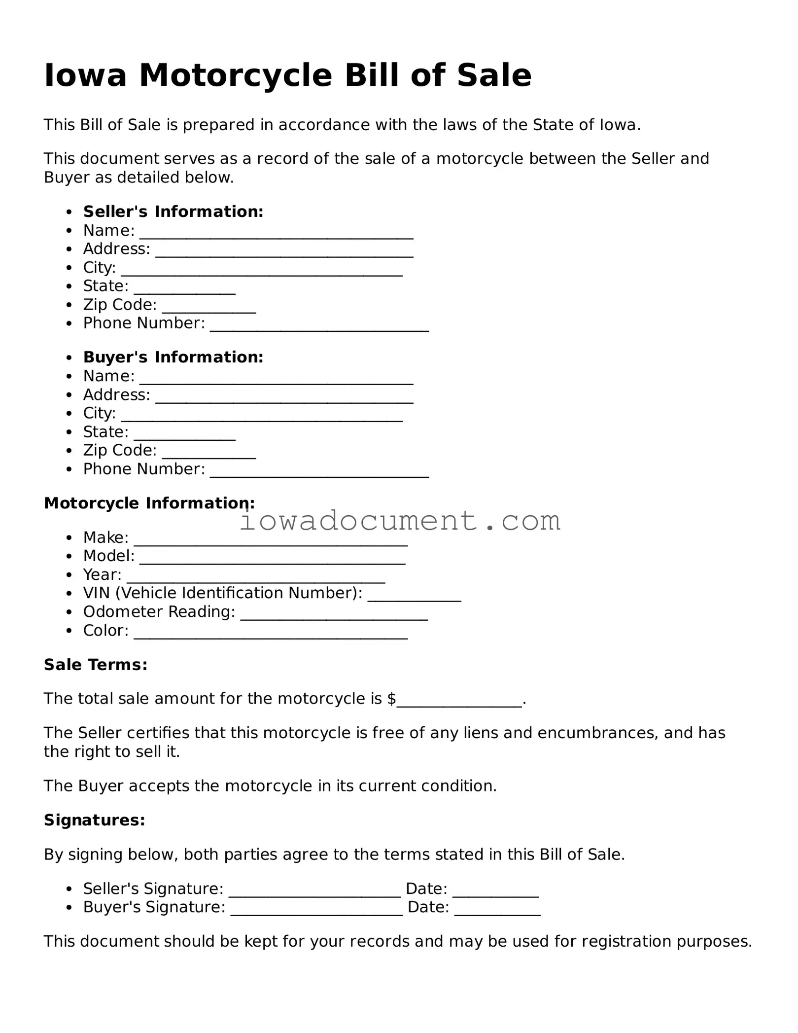 Attorney-Approved Iowa Motorcycle Bill of Sale Form