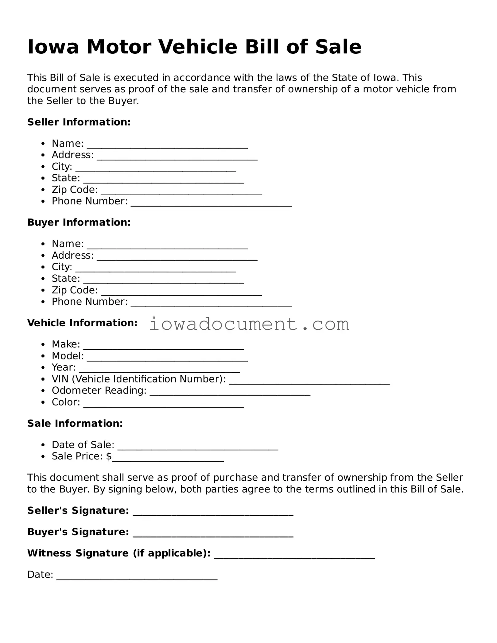 Attorney-Approved Iowa Motor Vehicle Bill of Sale Form