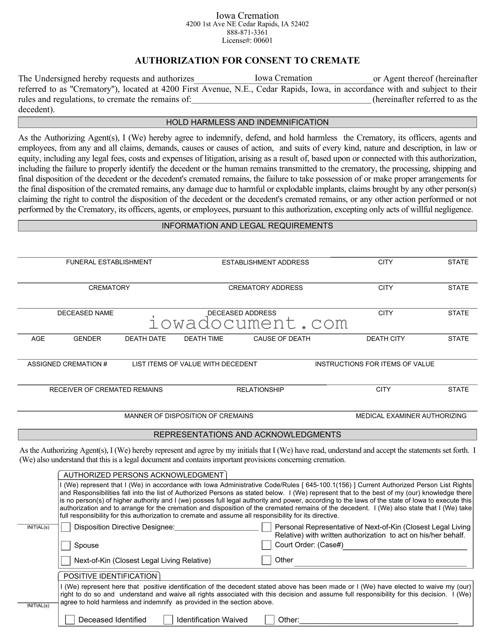Blank Iowa Cremation Authorization Template