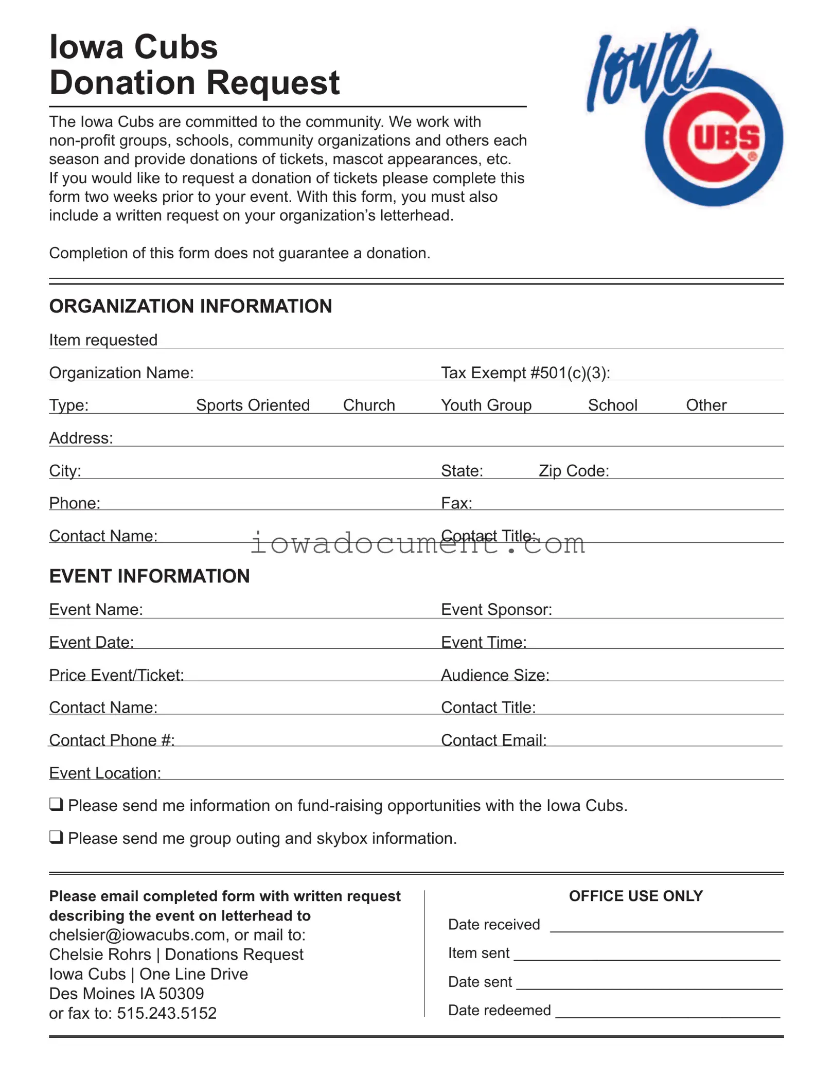 Blank Iowa Cubs Donation Request Template