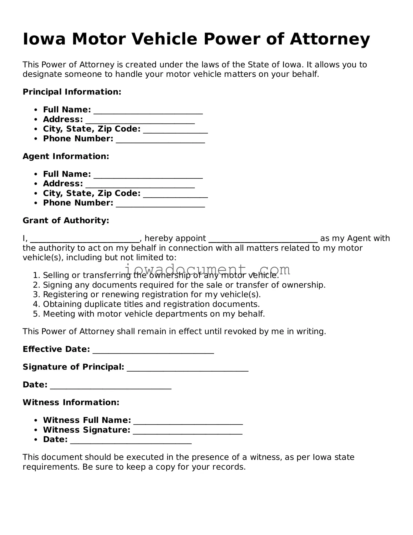 Attorney-Approved Iowa Motor Vehicle Power of Attorney Form