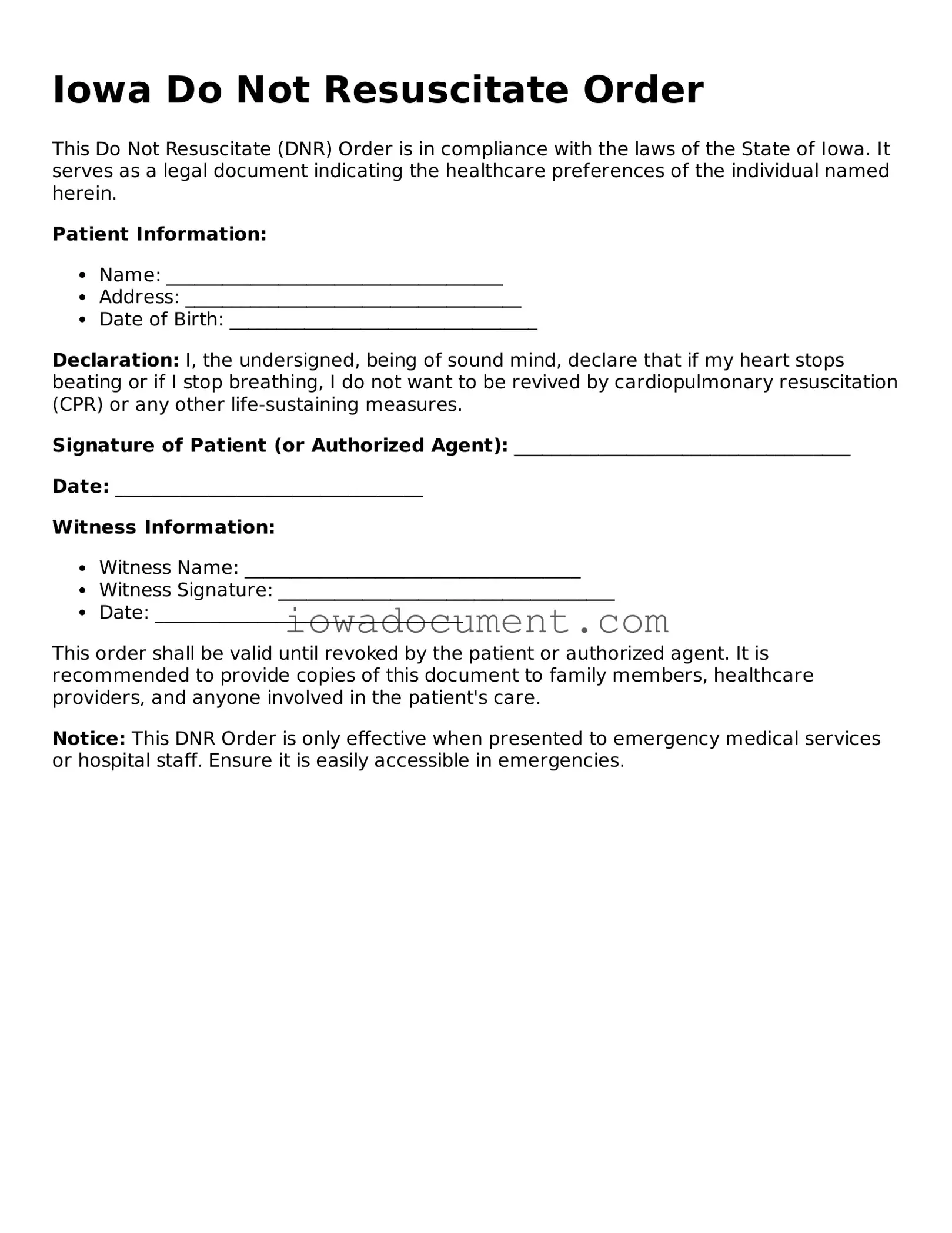Attorney-Approved Iowa Do Not Resuscitate Order Form