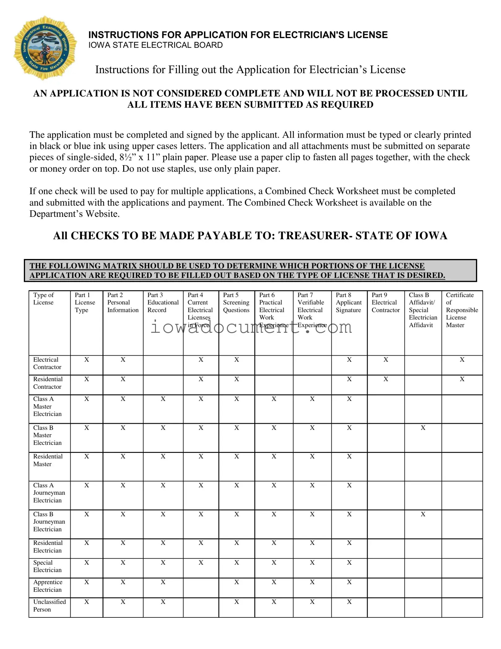 Blank Iowa Electrician License Application Template