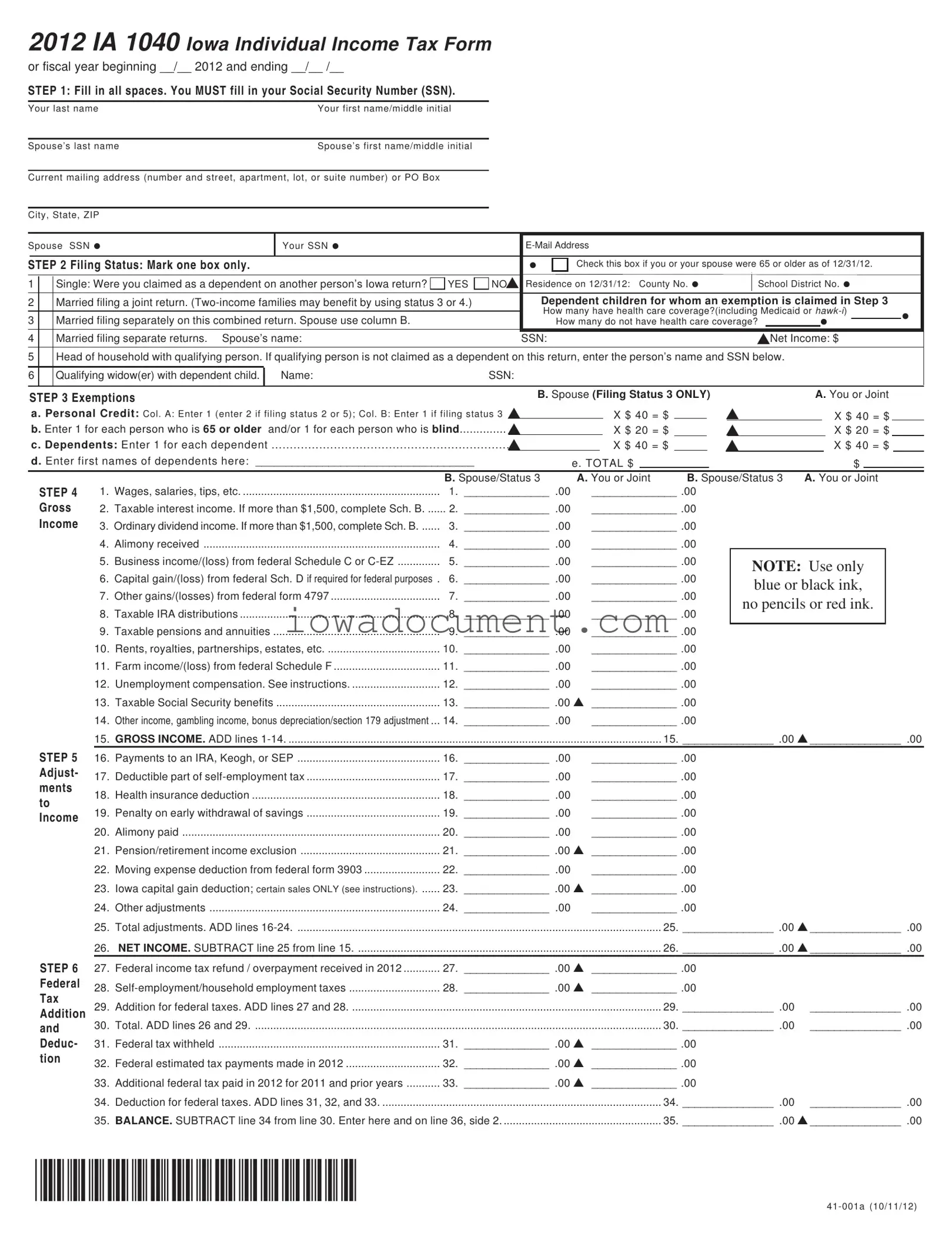 Blank Iowa Ia 1040 Template