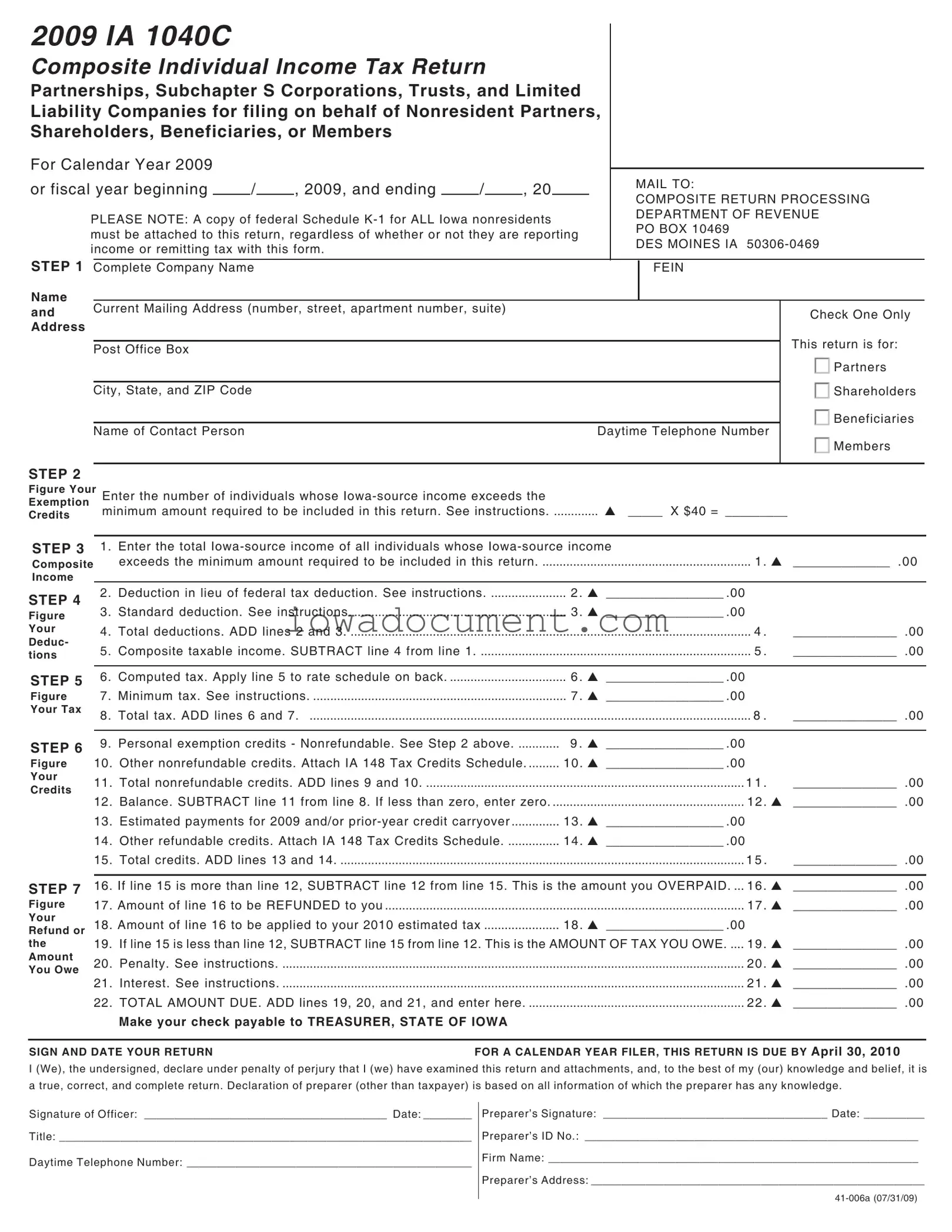 Blank Iowa Ia 1040C Template