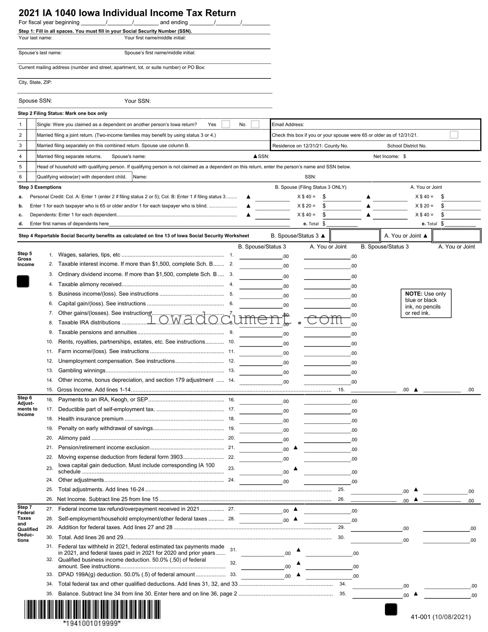 Blank Iowa Income Tax Template