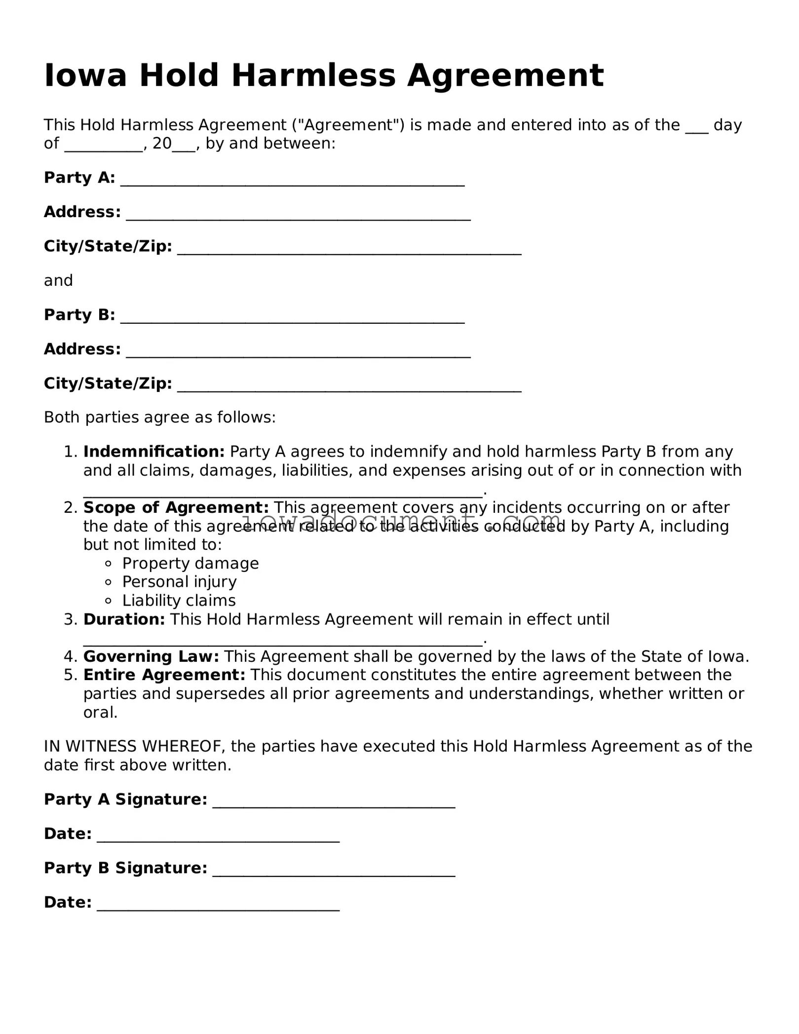 Attorney-Approved Iowa Hold Harmless Agreement Form