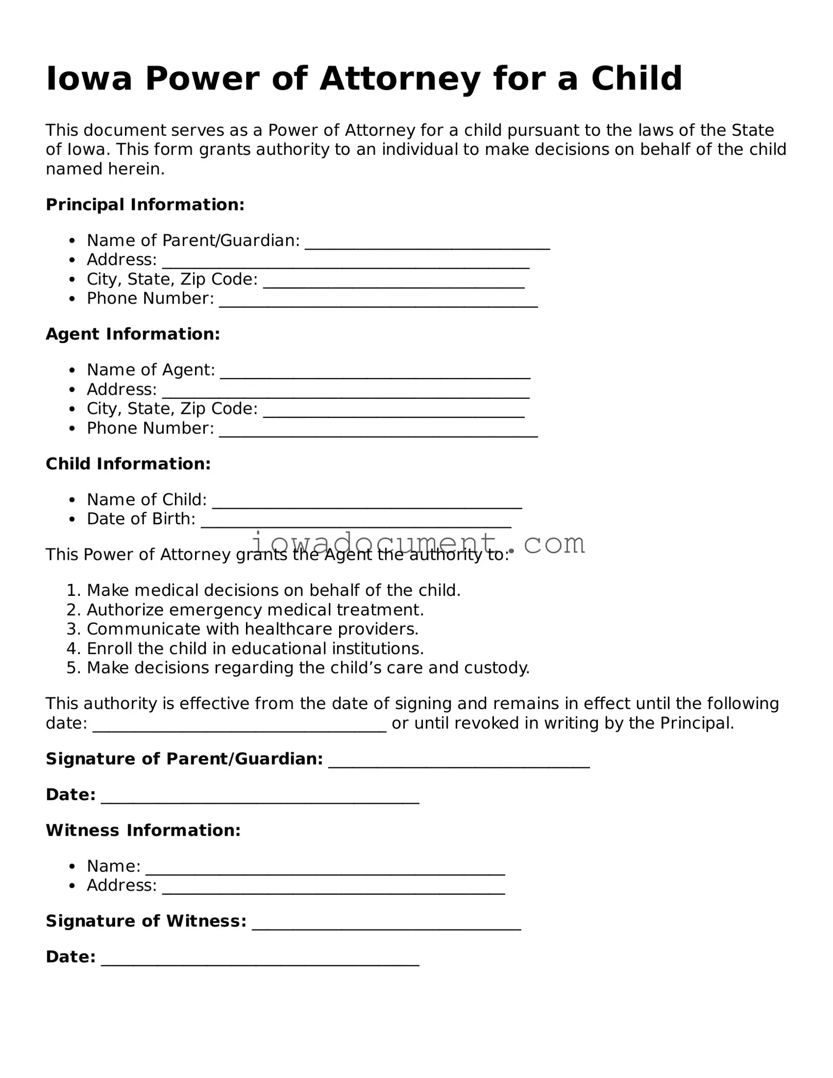Attorney-Approved Iowa Power of Attorney for a Child Form