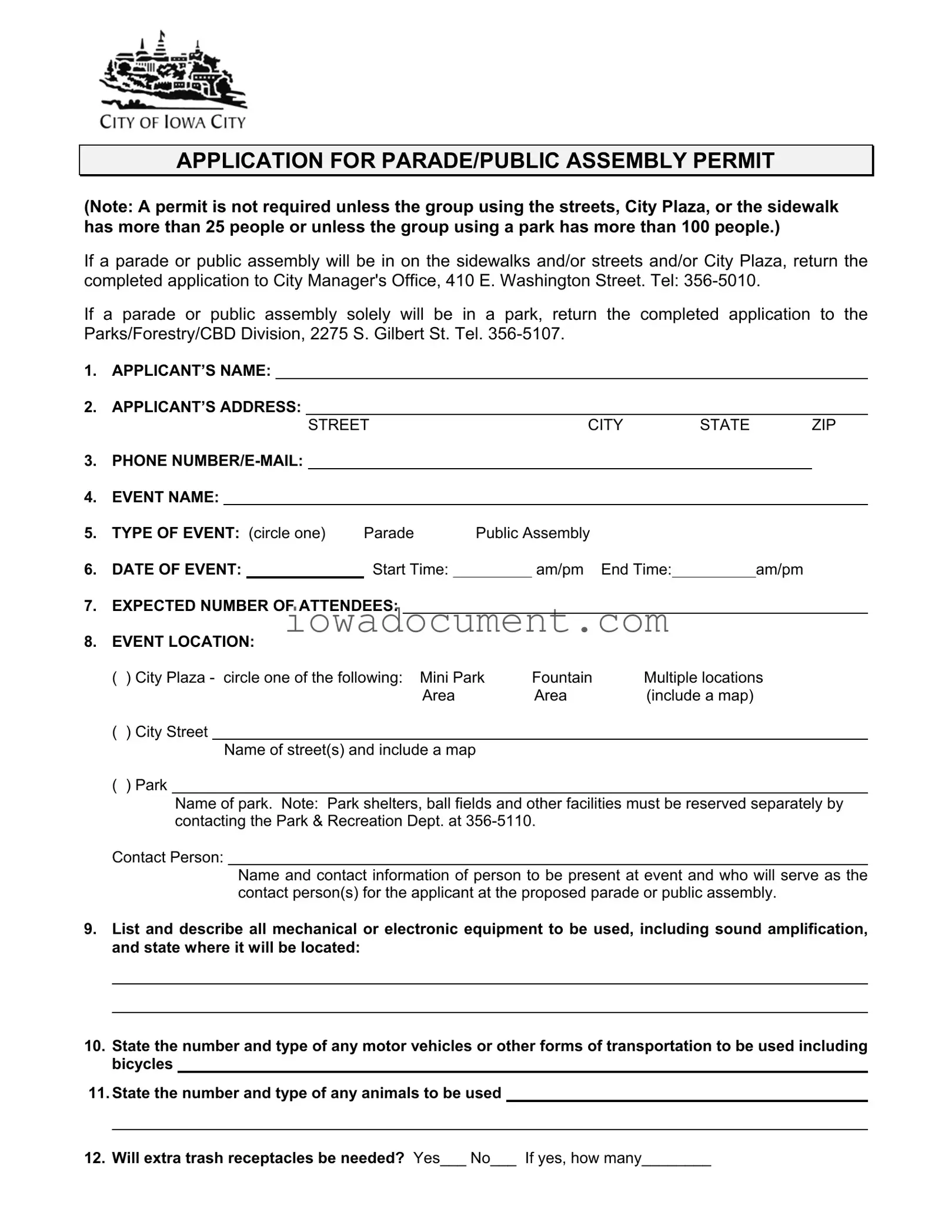 Blank Iowa Public Assembly Permit Template