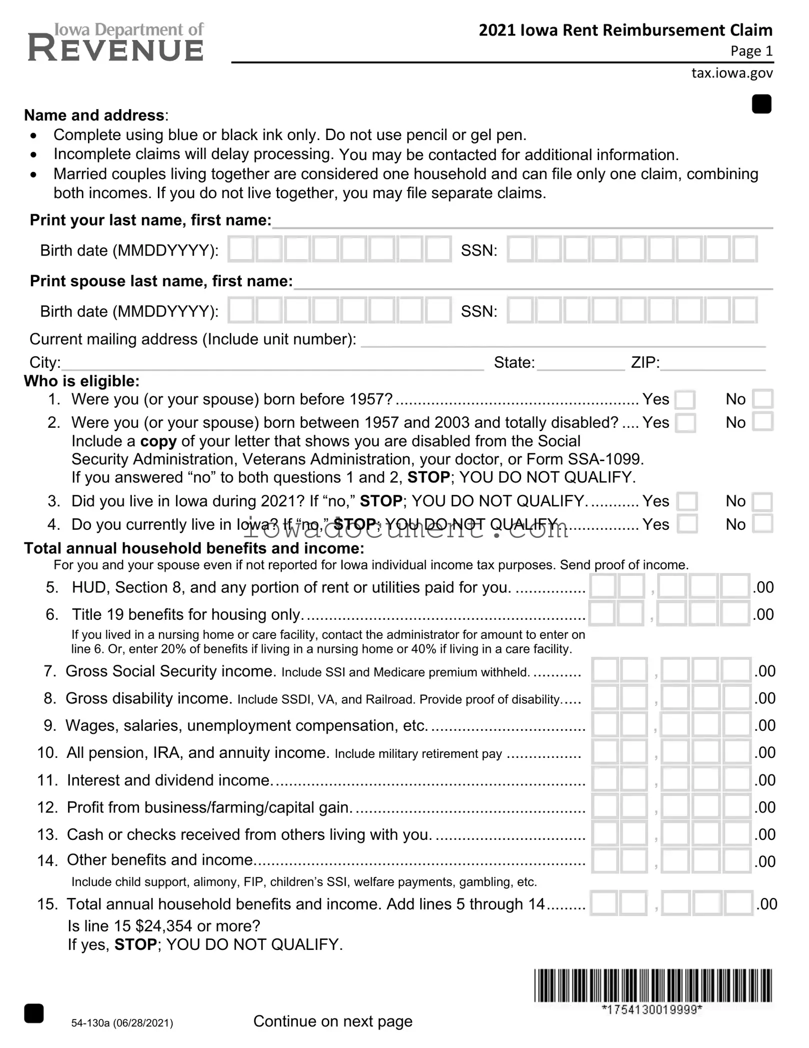 Blank Iowa Renters Rebate Template