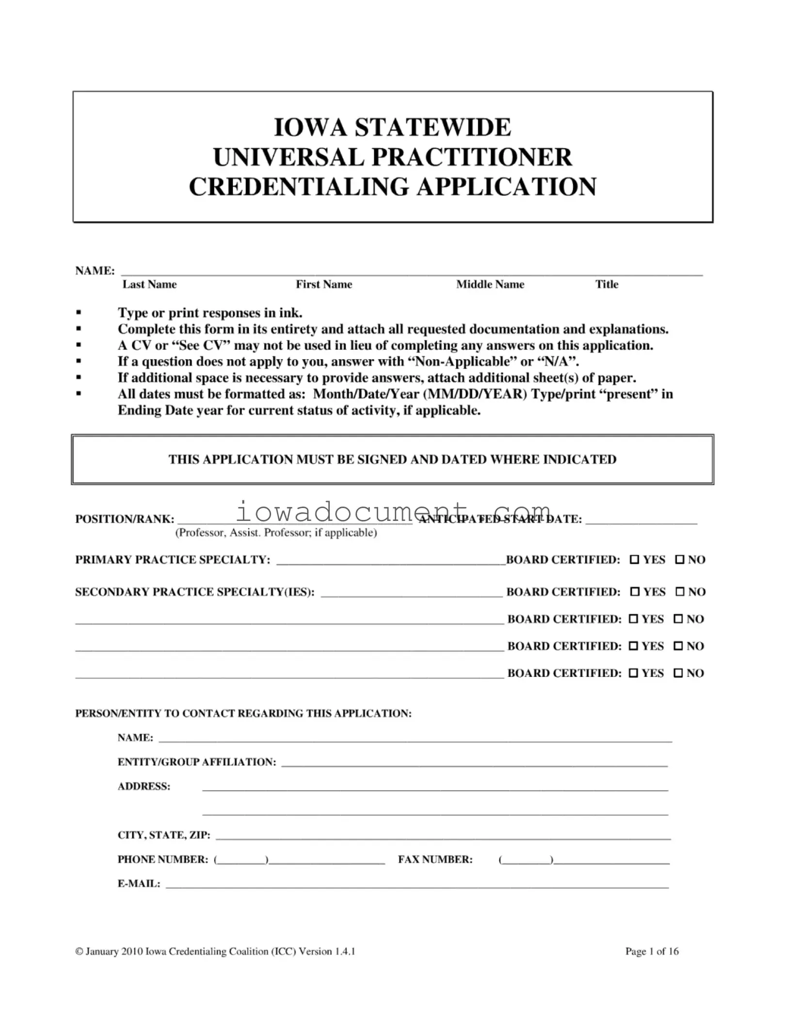 Blank Iowa Universal Application Template
