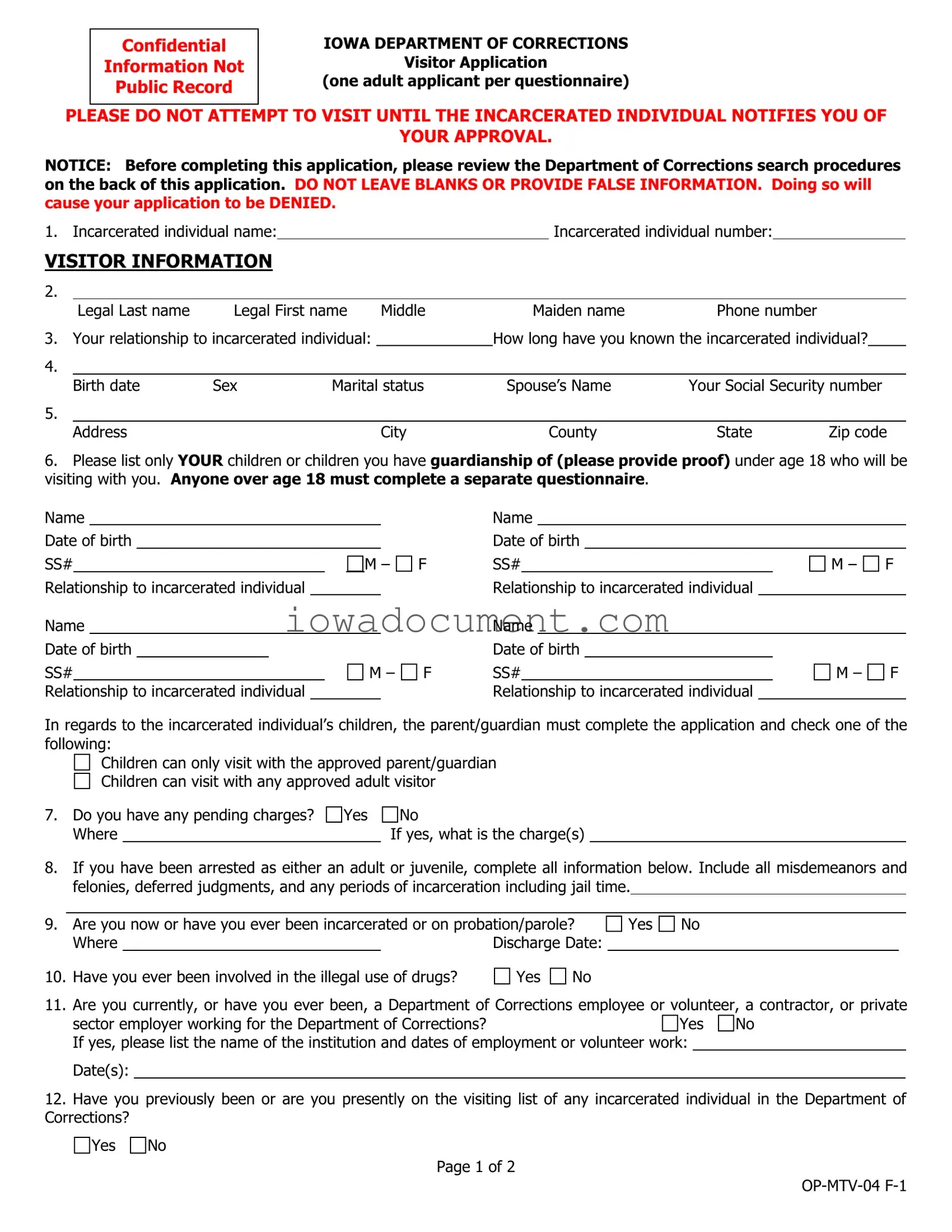 Blank Iowa Visitor Application Template
