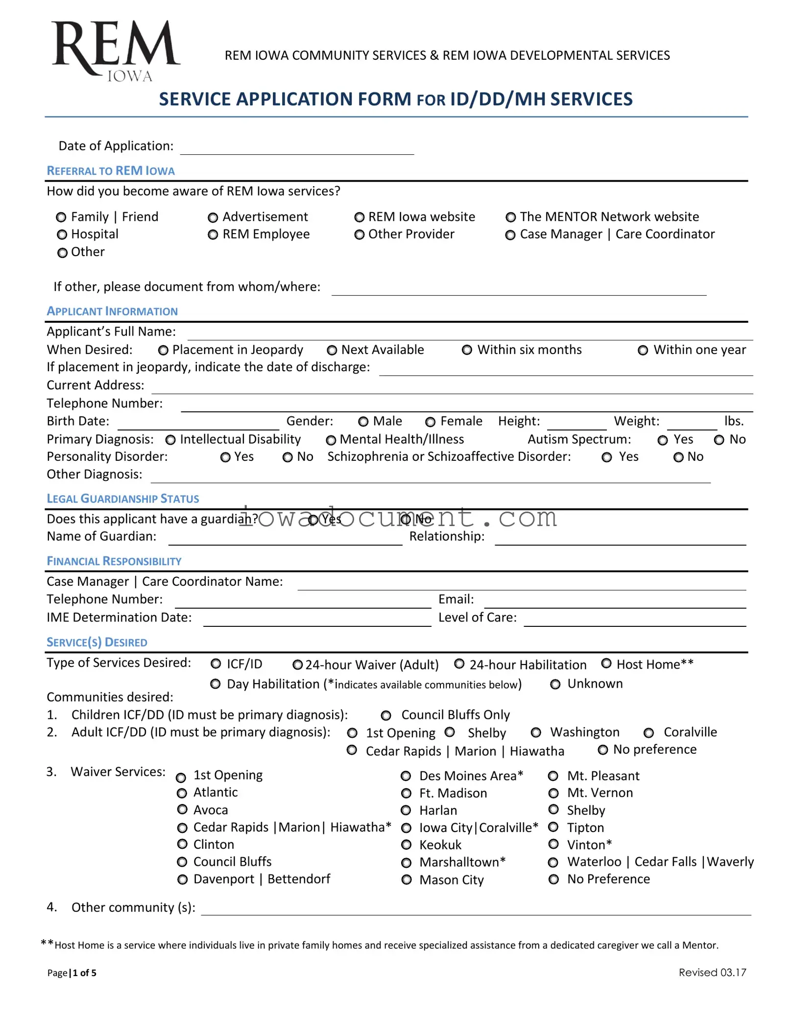 Blank Rem Iowa Service Application Template