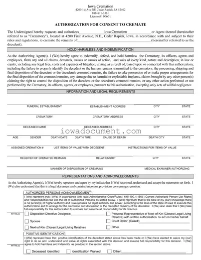 Blank Iowa Cremation Authorization Template