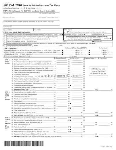 Blank Iowa Ia 1040 Template