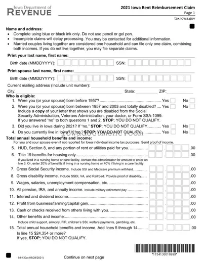 Blank Iowa Renters Rebate Template