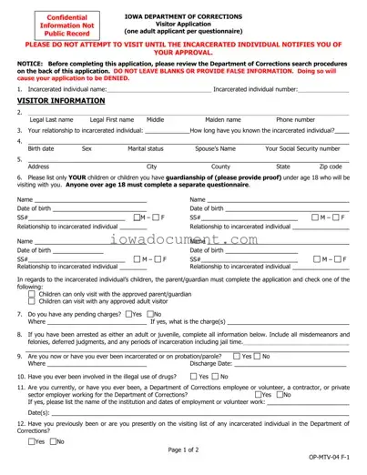 Blank Iowa Visitor Application Template